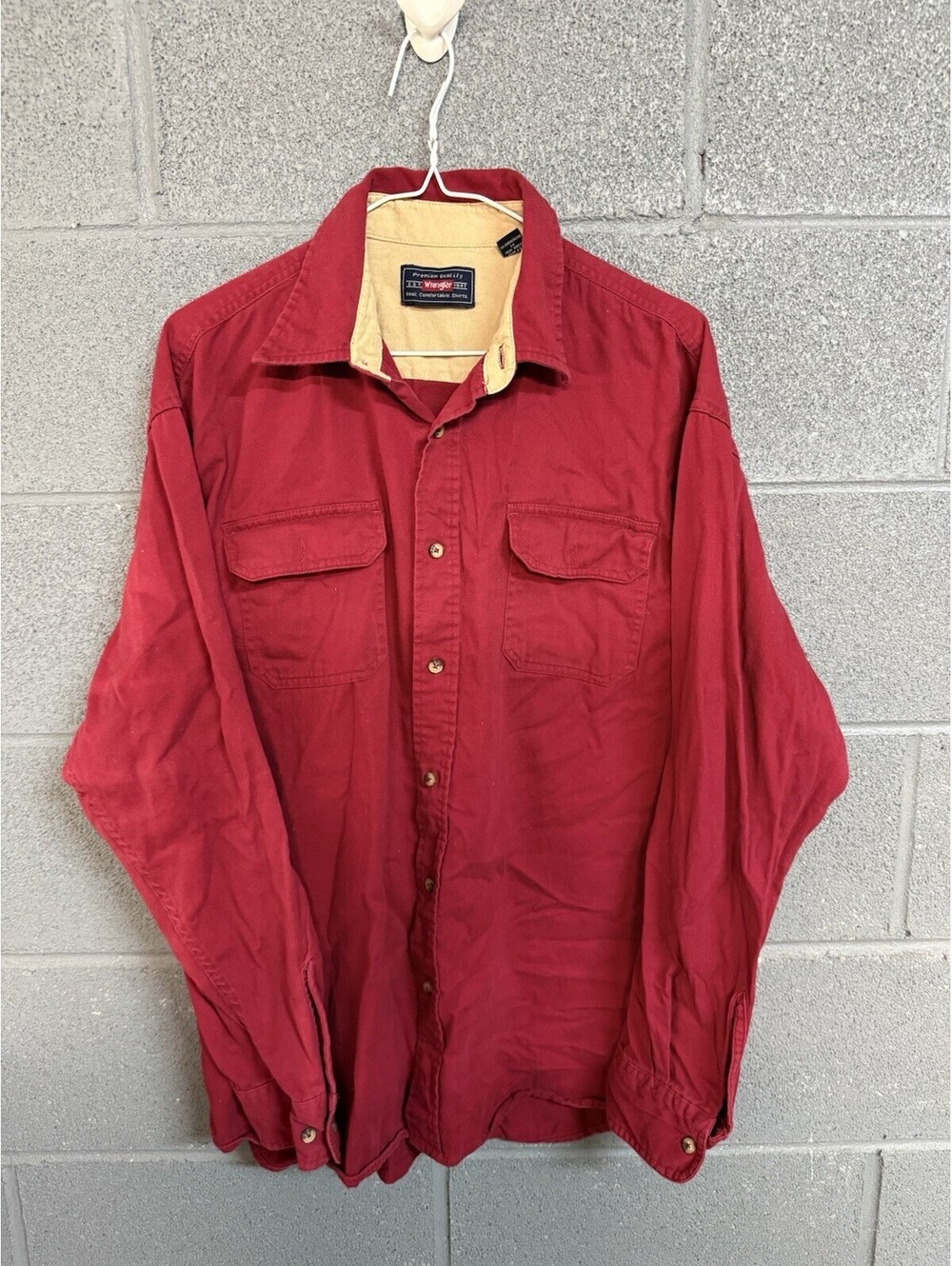 Wrangler Premium Quality 100% Cotton Long Sleeve Maroon Shirt Large Workwear